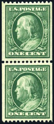 Values of US Stamp Scott Cat. #348: 1908 1c Franklin Coil. Harmer-Schau Auction Galleries, Feb 2009, Sale 80, Lot 1293