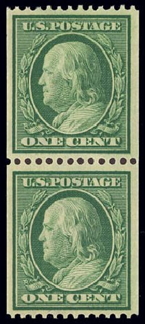 Costs of US Stamp Scott Catalogue #348: 1c 1908 Franklin Coil. Daniel Kelleher Auctions, Feb 2013, Sale 634, Lot 216