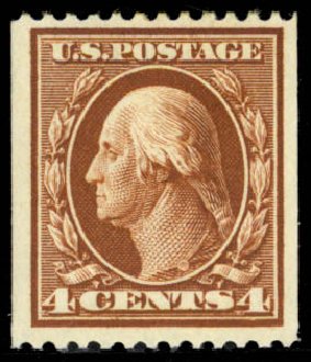 US Stamp Value Scott Catalog #350: 1910 4c Washington Coil. Daniel Kelleher Auctions, Jan 2015, Sale 663, Lot 1694