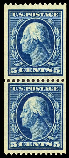 Value of US Stamp Scott # 351: 1909 5c Washington Coil. Daniel Kelleher Auctions, Dec 2012, Sale 633, Lot 625