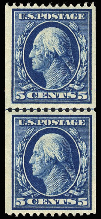 US Stamps Values Scott Cat. #351: 1909 5c Washington Coil. Cherrystone Auctions, May 2013, Sale 201305, Lot 112