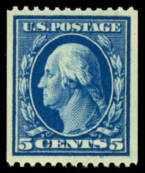 US Stamps Value Scott Catalogue 351 - 1909 5c Washington Coil. Daniel Kelleher Auctions, Sep 2013, Sale 639, Lot 1126