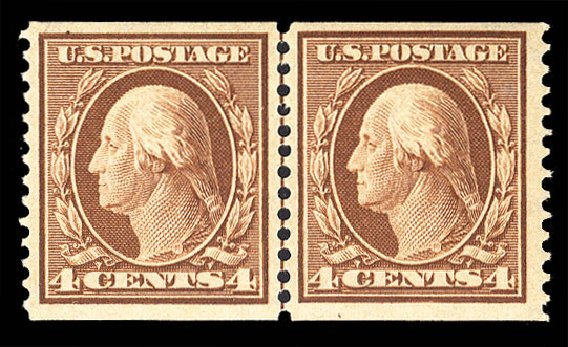 US Stamps Values Scott Catalogue 354 - 1909 4c Washington Coil. Cherrystone Auctions, Apr 2011, Sale 201104, Lot 1024