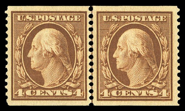 US Stamp Values Scott Catalog 354 - 1909 4c Washington Coil. Matthew Bennett International, Sep 2012, Sale 345, Lot 325