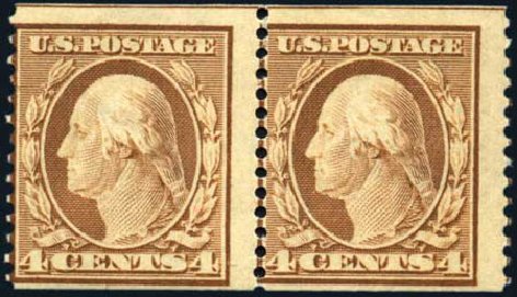 US Stamp Values Scott Catalogue 354 - 1909 4c Washington Coil. Harmer-Schau Auction Galleries, Mar 2011, Sale 89, Lot 312