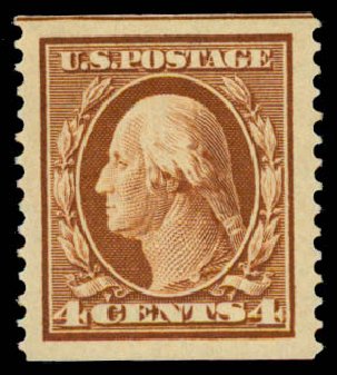 US Stamp Prices Scott Catalogue # 354 - 1909 4c Washington Coil. Daniel Kelleher Auctions, Sep 2013, Sale 639, Lot 3452