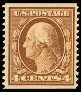 Prices of US Stamp Scott Catalogue 354: 1909 4c Washington Coil. Daniel Kelleher Auctions, Sep 2014, Sale 655, Lot 423