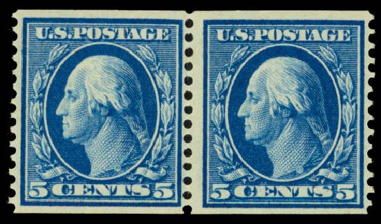 US Stamps Price Scott # 355 - 5c 1909 Washington Coil. Daniel Kelleher Auctions, Sep 2013, Sale 639, Lot 1129