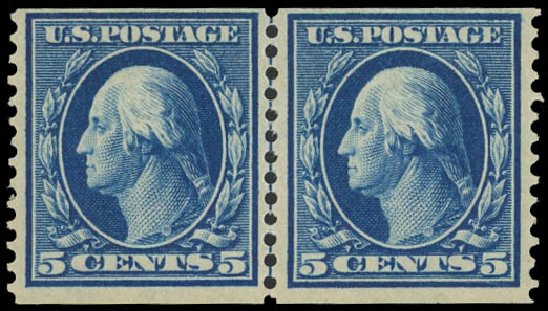 Price of US Stamps Scott Cat. #355 - 1909 5c Washington Coil. Daniel Kelleher Auctions, Jul 2011, Sale 625, Lot 940