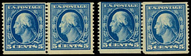Values of US Stamps Scott Catalog 355 - 1909 5c Washington Coil. Daniel Kelleher Auctions, May 2014, Sale 652, Lot 534