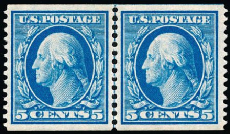 Value of US Stamp Scott Catalog 355 - 1909 5c Washington Coil. Schuyler J. Rumsey Philatelic Auctions, Apr 2015, Sale 60, Lot 2343