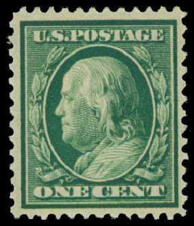US Stamps Values Scott Catalogue 357: 1909 1c Franklin Bluish Paper. Daniel Kelleher Auctions, Sep 2013, Sale 639, Lot 3456