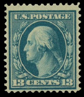 US Stamps Values Scott #365 - 13c 1909 Washington Bluish Paper. Daniel Kelleher Auctions, Sep 2014, Sale 655, Lot 438