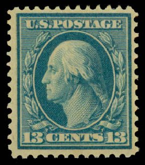 US Stamps Price Scott Catalog #365 - 13c 1909 Washington Bluish Paper. Daniel Kelleher Auctions, Sep 2013, Sale 639, Lot 435