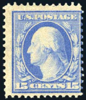 US Stamp Values Scott 366 - 1909 15c Washington Bluish Paper. Harmer-Schau Auction Galleries, Aug 2011, Sale 90, Lot 1497