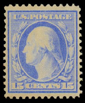 US Stamp Values Scott Catalog #366: 15c 1909 Washington Bluish Paper. Daniel Kelleher Auctions, Sep 2013, Sale 639, Lot 437