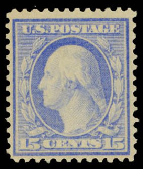 US Stamps Values Scott Catalogue # 366 - 1909 15c Washington Bluish Paper. Daniel Kelleher Auctions, Mar 2014, Sale 650, Lot 2627