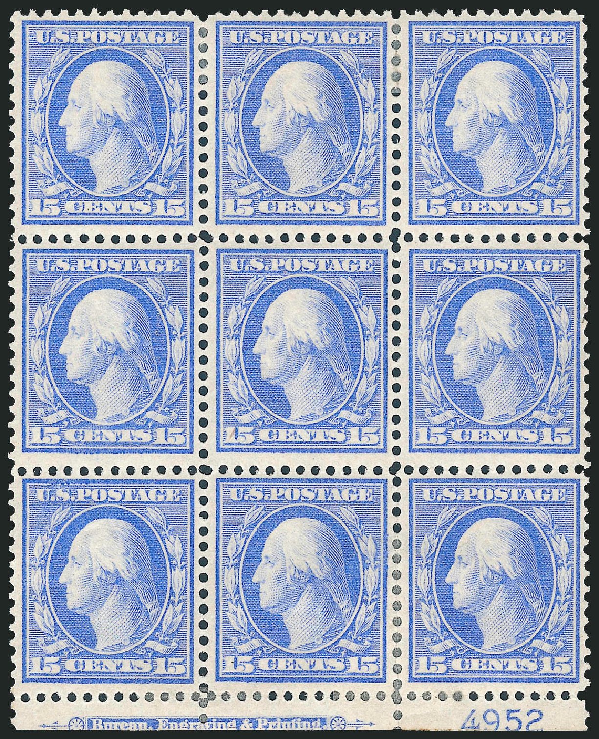 Costs of US Stamps Scott Cat. 366 - 1909 15c Washington Bluish Paper. Robert Siegel Auction Galleries, Jun 2012, Sale 1025, Lot 217
