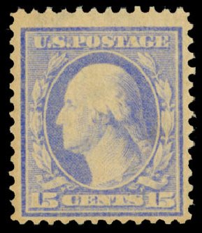 Prices of US Stamps Scott #366 - 1909 15c Washington Bluish Paper. Daniel Kelleher Auctions, Dec 2013, Sale 640, Lot 341
