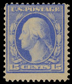 Values of US Stamps Scott Catalog # 366 - 1909 15c Washington Bluish Paper. Daniel Kelleher Auctions, Jun 2012, Sale 630, Lot 1784
