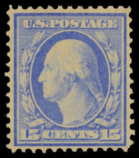 US Stamp Price Scott Catalog #366: 1909 15c Washington Bluish Paper. Daniel Kelleher Auctions, Dec 2014, Sale 661, Lot 312