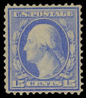 US Stamps Prices Scott Catalog # 366: 15c 1909 Washington Bluish Paper. Daniel Kelleher Auctions, Jun 2012, Sale 630, Lot 1783