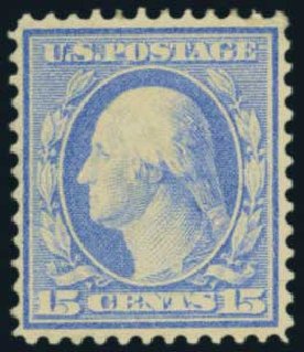 US Stamps Values Scott 366 - 15c 1909 Washington Bluish Paper. Harmer-Schau Auction Galleries, Aug 2011, Sale 90, Lot 1496