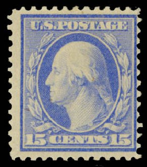 US Stamp Value Scott Catalog 366: 15c 1909 Washington Bluish Paper. Daniel Kelleher Auctions, May 2014, Sale 652, Lot 546