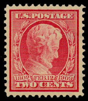 US Stamps Price Scott Catalog # 369 - 1909 2c Lincoln Bluish Paper. Daniel Kelleher Auctions, Sep 2013, Sale 639, Lot 3474