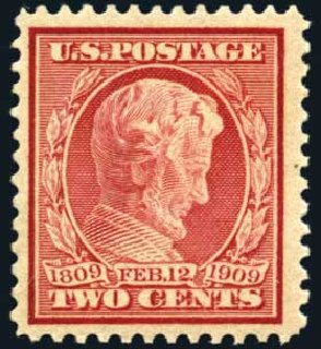 US Stamps Values Scott 369: 2c 1909 Lincoln Bluish Paper. Harmer-Schau Auction Galleries, May 2014, Sale 101, Lot 155