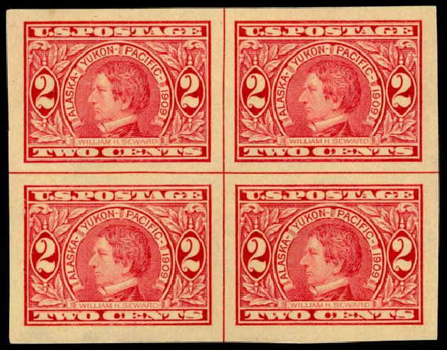 Price of US Stamp Scott Catalog 371 - 2c 1909 Alaska-Yukon Exposition Imperf. Daniel Kelleher Auctions, Sep 2014, Sale 655, Lot 449