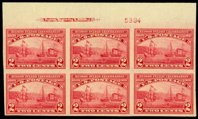 US Stamps Price Scott Catalog 373 - 2c 1909 Hudson-Fulton Imperf. Daniel Kelleher Auctions, Apr 2013, Sale 636, Lot 326