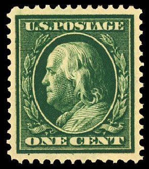 US Stamps Value Scott Cat. 374 - 1910 1c Franklin Perf 12. Daniel Kelleher Auctions, Dec 2012, Sale 633, Lot 645