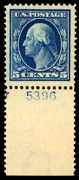 US Stamps Values Scott Catalog 378 - 1911 5c Washington Perf 12. Daniel Kelleher Auctions, Sep 2013, Sale 639, Lot 3480