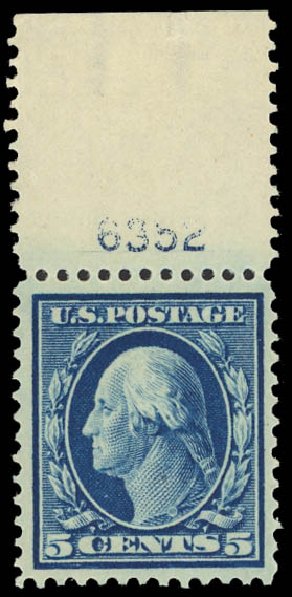 US Stamps Value Scott Catalogue 378 - 1911 5c Washington Perf 12. Daniel Kelleher Auctions, Apr 2012, Sale 629, Lot 315