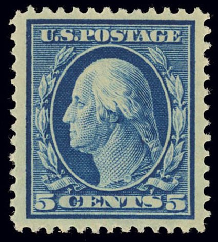US Stamps Prices Scott 378 - 1911 5c Washington Perf 12. Daniel Kelleher Auctions, Feb 2013, Sale 634, Lot 242