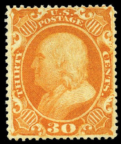 Values of US Stamp Scott 38: 30c 1860 Franklin. Matthew Bennett International, Mar 2012, Sale 344, Lot 4247