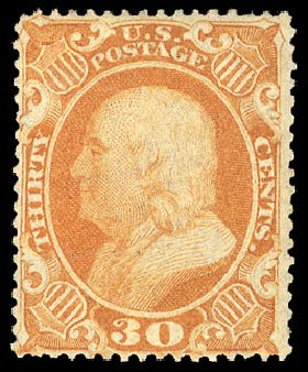 Prices of US Stamp Scott #38: 1860 30c Franklin. Cherrystone Auctions, Apr 2009, Sale 200904, Lot 7