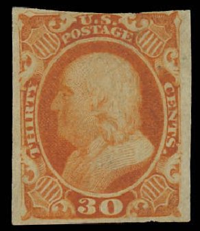 Cost of US Stamp Scott Cat. #38: 30c 1860 Franklin. Daniel Kelleher Auctions, Aug 2012, Sale 631, Lot 747