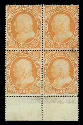 Values of US Stamp Scott Cat. 38: 30c 1860 Franklin. Matthew Bennett International, Dec 2007, Sale 325, Lot 1478