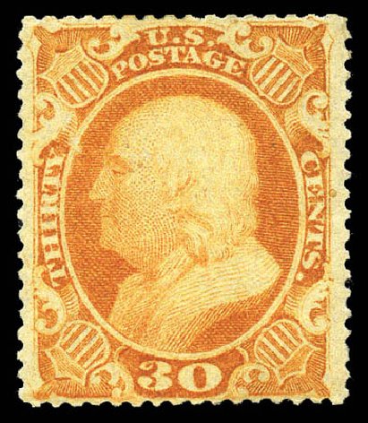 US Stamps Value Scott Catalog 38: 1860 30c Franklin. Matthew Bennett International, Mar 2011, Sale 336, Lot 1138