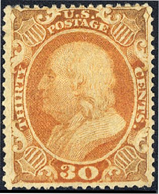 US Stamps Value Scott # 38 - 30c 1860 Franklin. Cherrystone Auctions, May 2008, Sale 200805, Lot 88