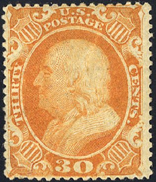 Prices of US Stamp Scott Cat. #38 - 1860 30c Franklin. Cherrystone Auctions, Jan 2009, Sale 200901, Lot 68