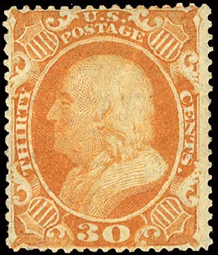 US Stamp Value Scott 38: 30c 1860 Franklin. Cherrystone Auctions, Nov 2010, Sale 201011, Lot 58