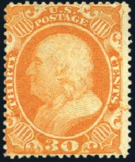 Cost of US Stamps Scott Catalog #38 - 1860 30c Franklin. Harmer-Schau Auction Galleries, Mar 2011, Sale 89, Lot 108