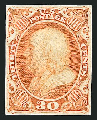 Cost of US Stamps Scott Catalog # 38: 1860 30c Franklin. Robert Siegel Auction Galleries, Dec 2012, Sale 1037, Lot 1038