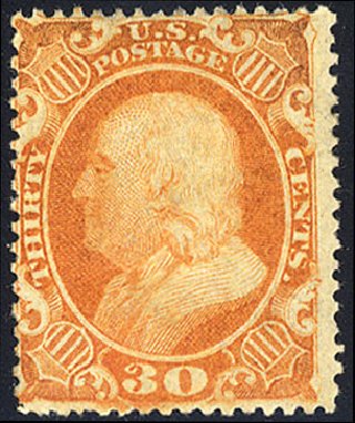 US Stamps Prices Scott Cat. 38 - 1860 30c Franklin. Cherrystone Auctions, May 2008, Sale 200805, Lot 89