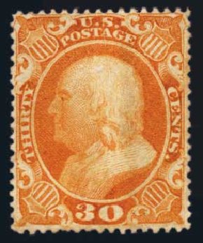 Value of US Stamps Scott Cat. 38 - 1860 30c Franklin. Harmer-Schau Auction Galleries, Aug 2014, Sale 102, Lot 1679