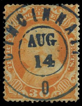 Prices of US Stamps Scott Cat. 38 - 1860 30c Franklin. Daniel Kelleher Auctions, Oct 2012, Sale 632, Lot 969