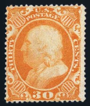 Value of US Stamp Scott Cat. 38: 1860 30c Franklin. Harmer-Schau Auction Galleries, Aug 2014, Sale 102, Lot 1680